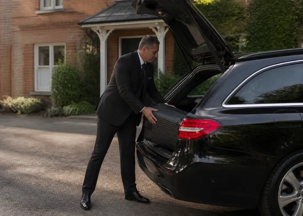 Private hire chauffeur loading luggage into a luxury car outside a home in Oxfordshire