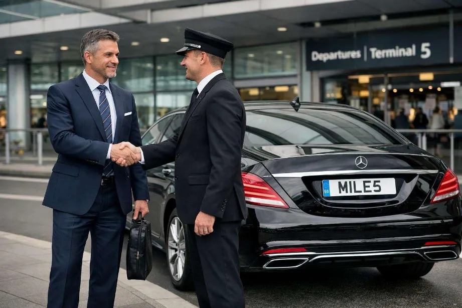 Business travellers with luggage beside an executive car at an airport