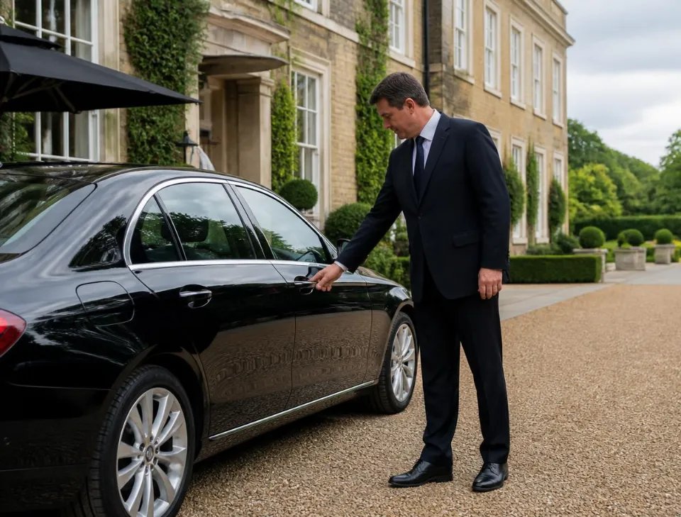 Chauffeur opening the door of an executive private vehicle for a passenger at a residential property.