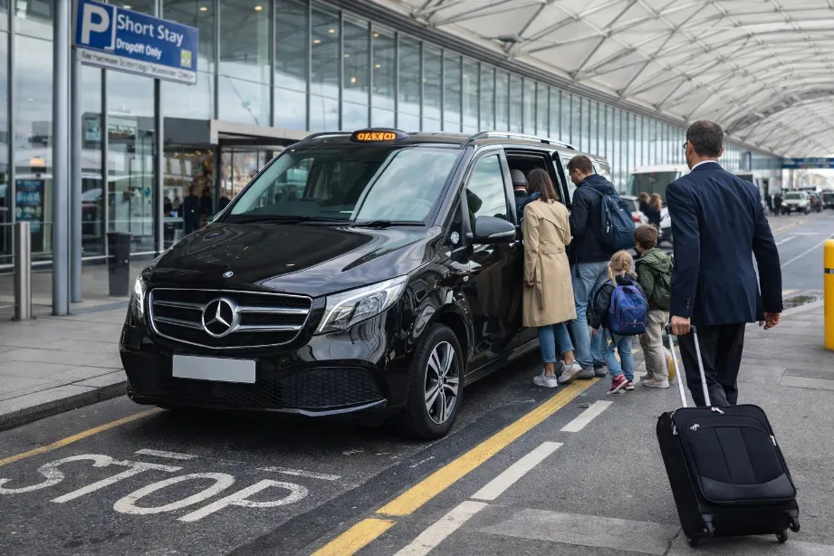 Family with luggage arriving at an airport for a private airport transfer