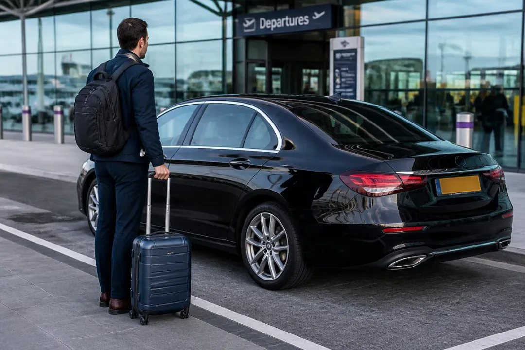 Passenger with luggage beside a private hire car outside Gatwick Airport