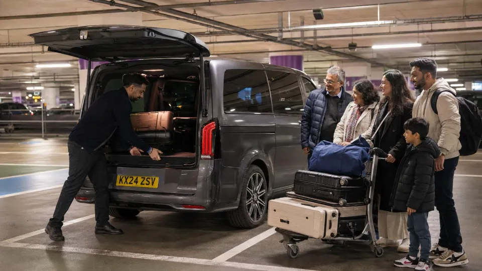 Group of travellers loading luggage into a spacious airport transfer vehicle