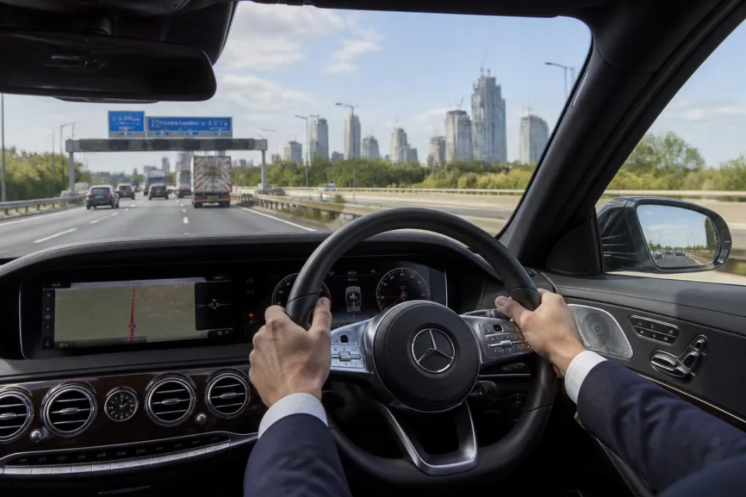 View from a chauffeur-driven car travelling towards London City Airport