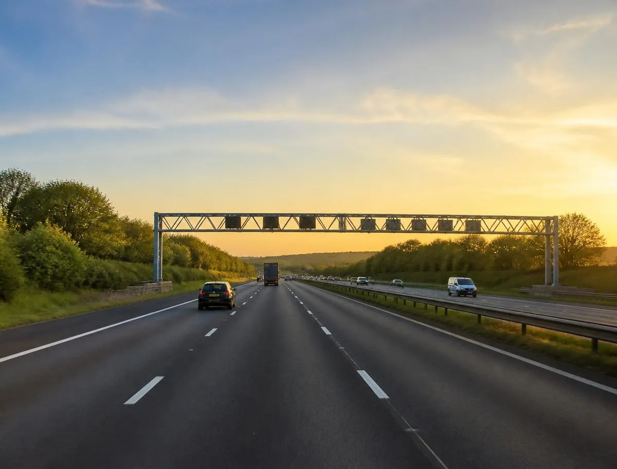 Vehicles travelling on a motorway at sunset, representing private transfers between Berkshire and London City Airport.