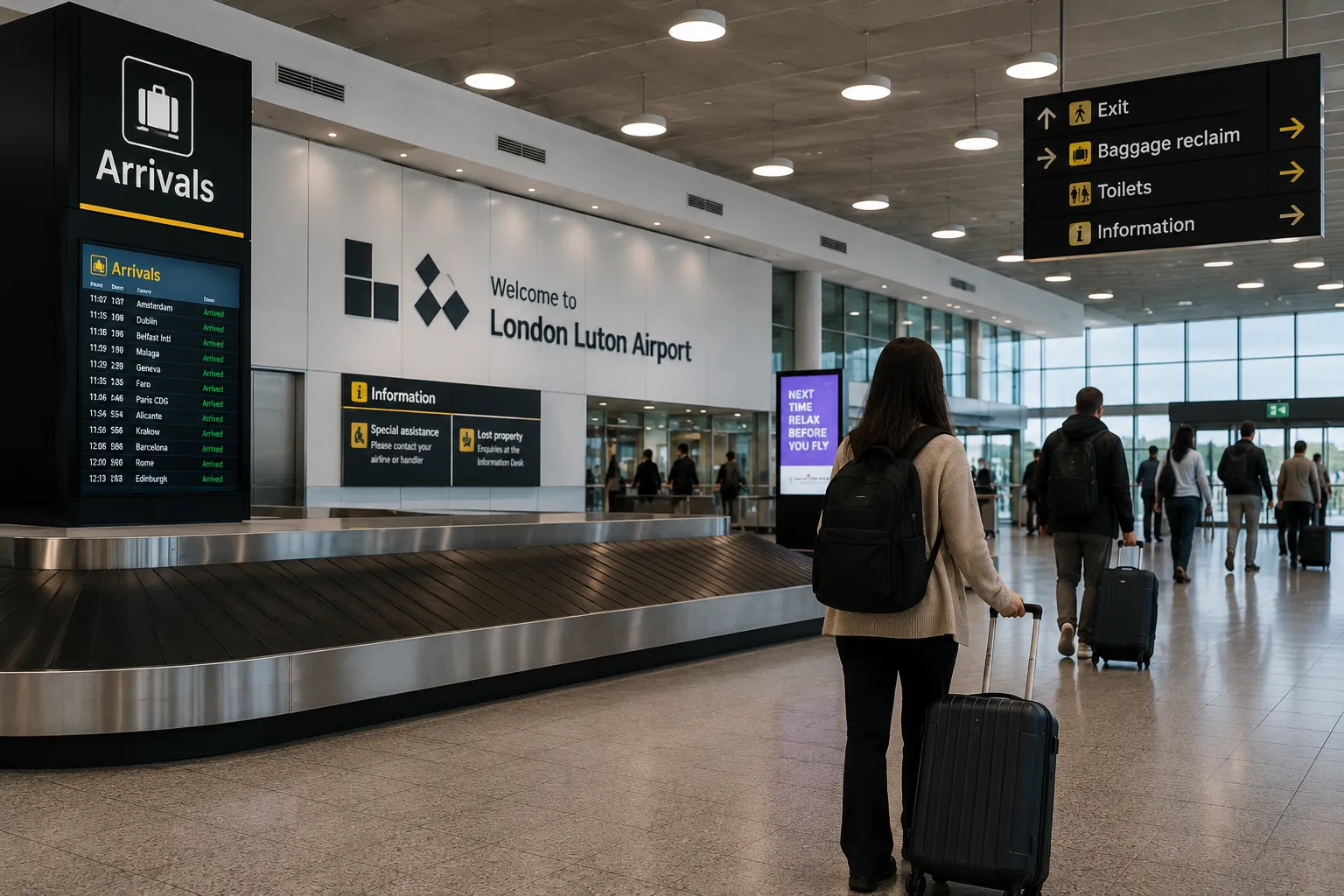 Luton Airport arrivals hall with traveller collecting luggage for a pre-booked private airport transfer