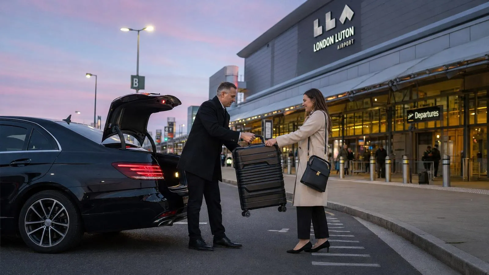 Passenger with luggage arriving at Luton Airport for departure
