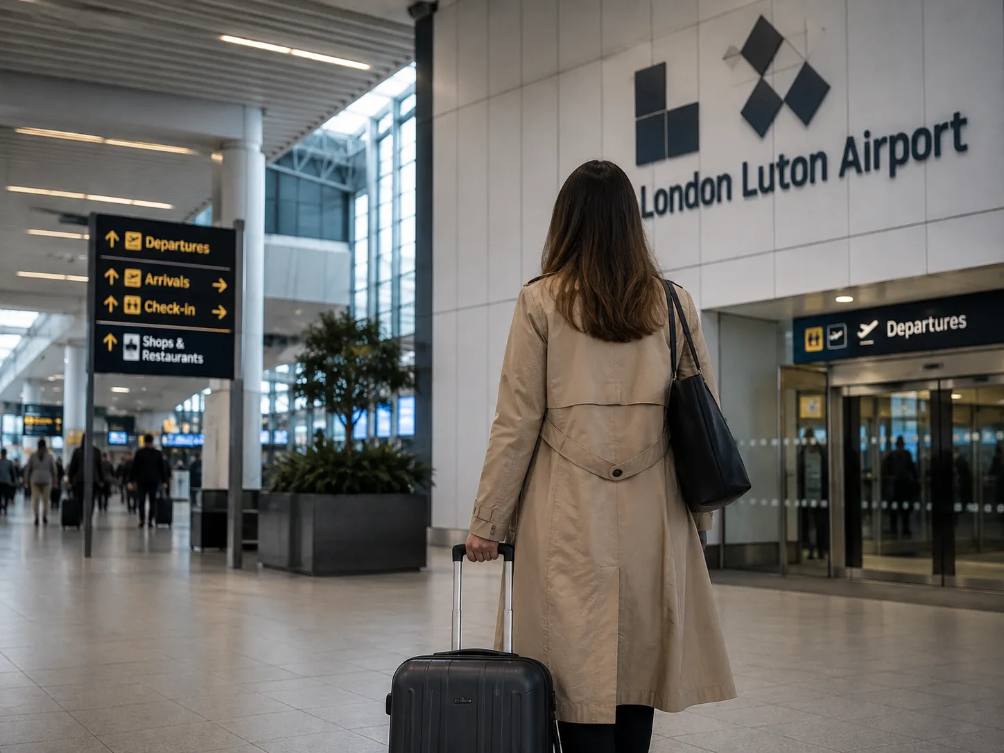 Traveller with suitcase inside London Luton Airport terminal for a pre-booked airport transfer