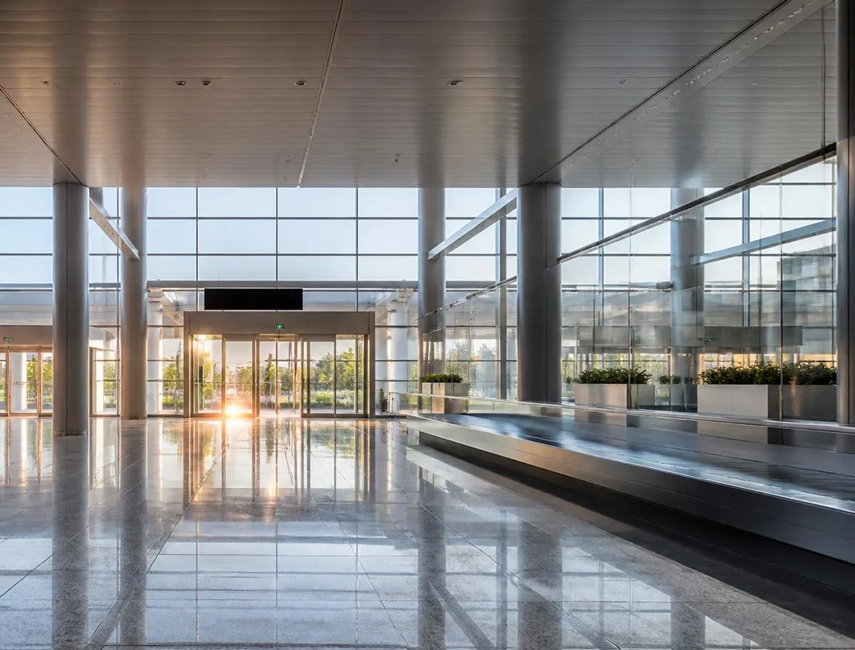 Modern airport terminal interior representing private transfers between Berkshire and Luton Airport.