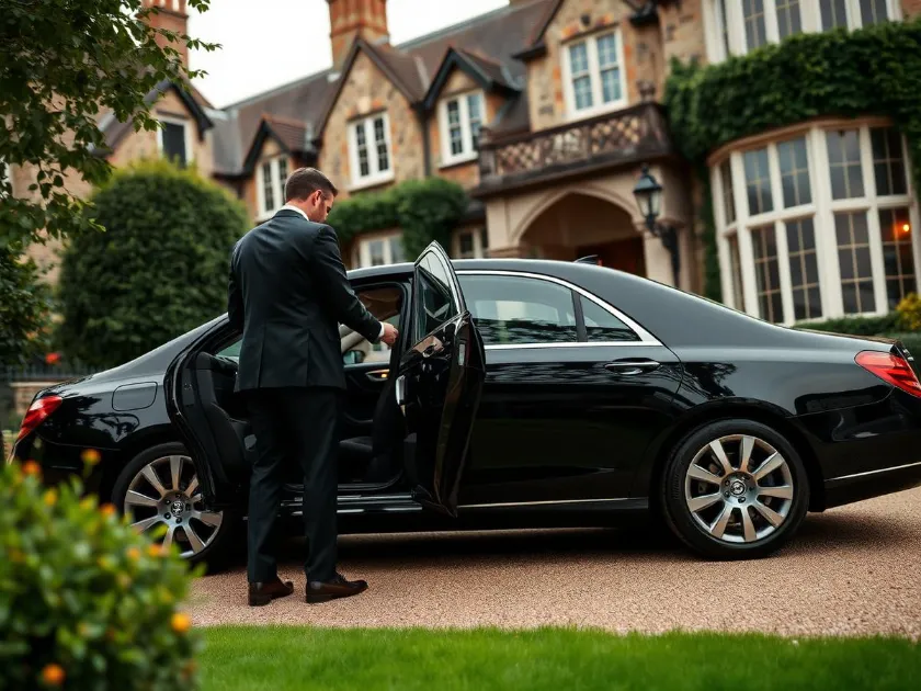 Chauffeur opening the door of a luxury private hire car outside a residential property