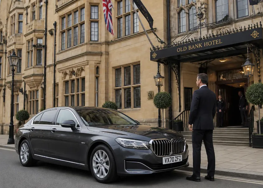 Luxury private hire car and chauffeur outside a hotel in Oxfordshire