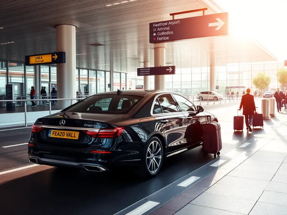 Luxury private hire car arriving outside Heathrow Airport