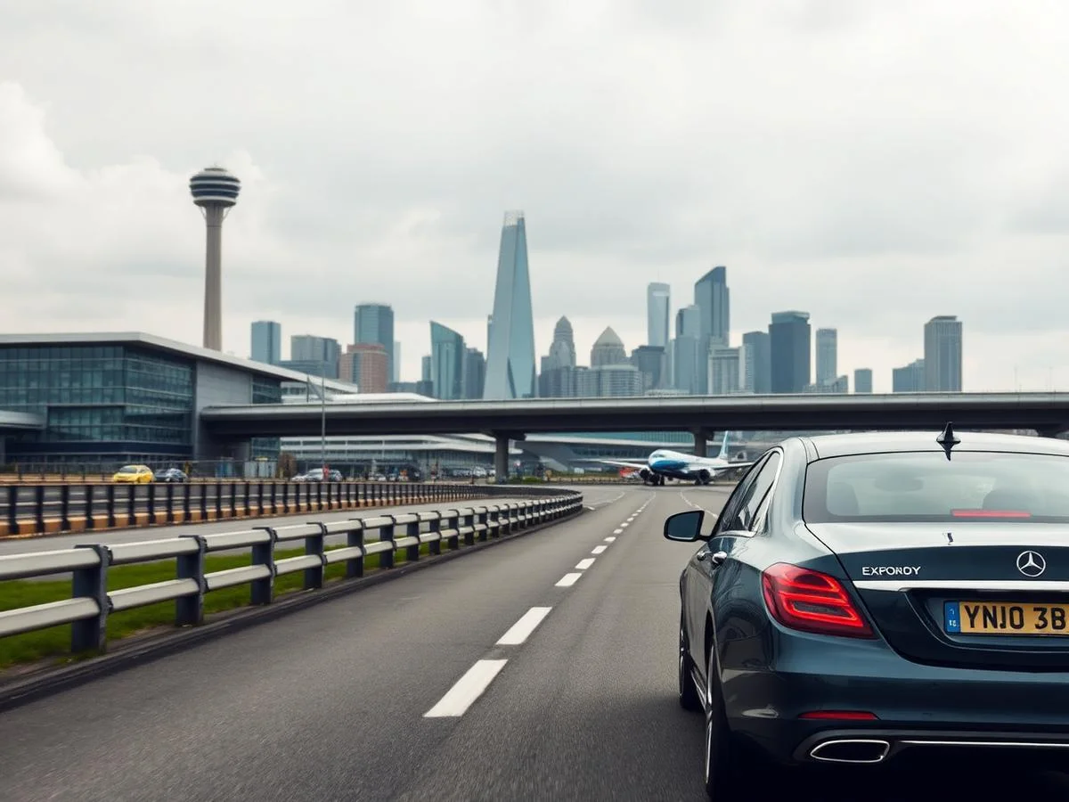 Luxury private hire car travelling towards London City Airport