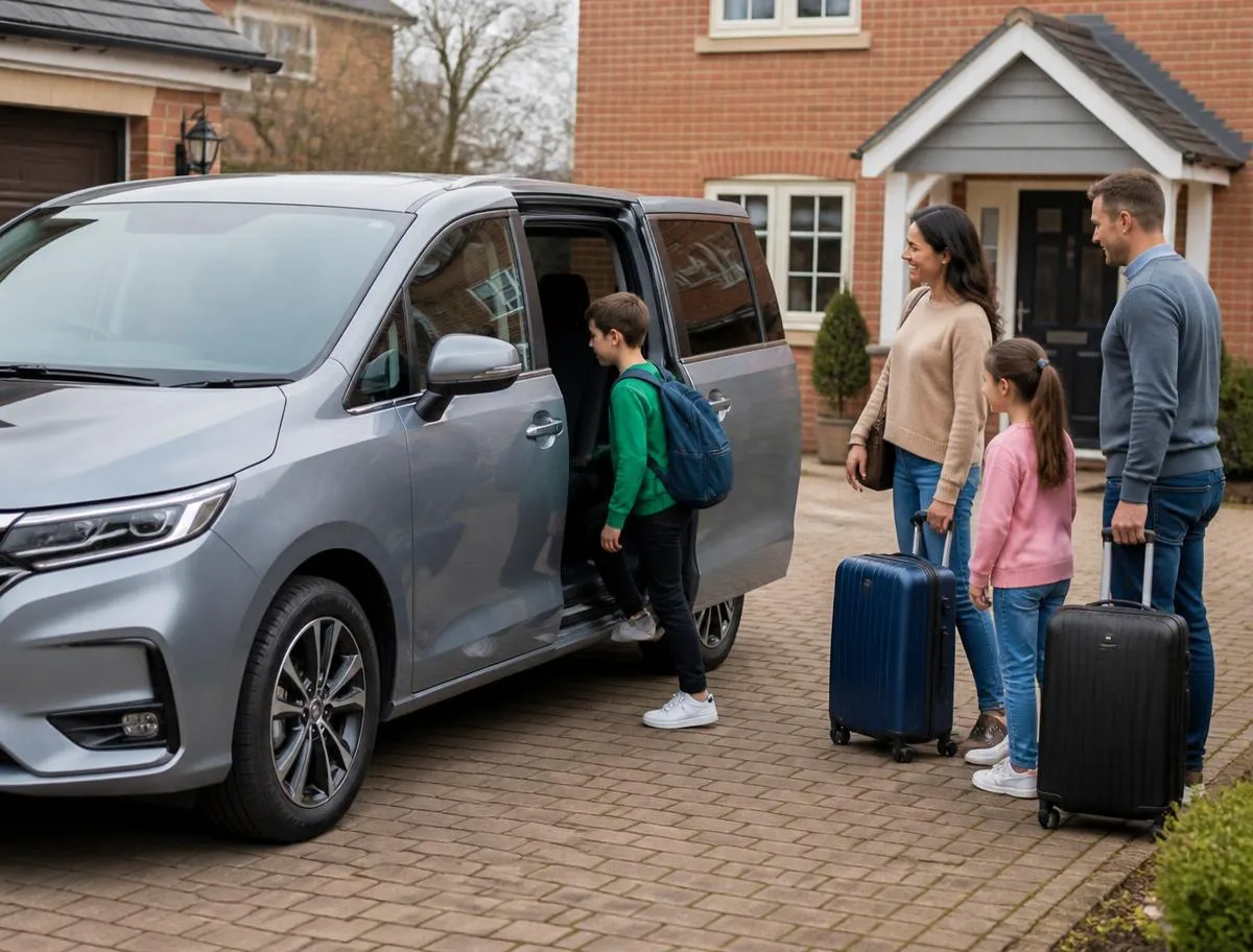 Family with children and luggage preparing for a pre-booked journey beside a spacious private vehicle.