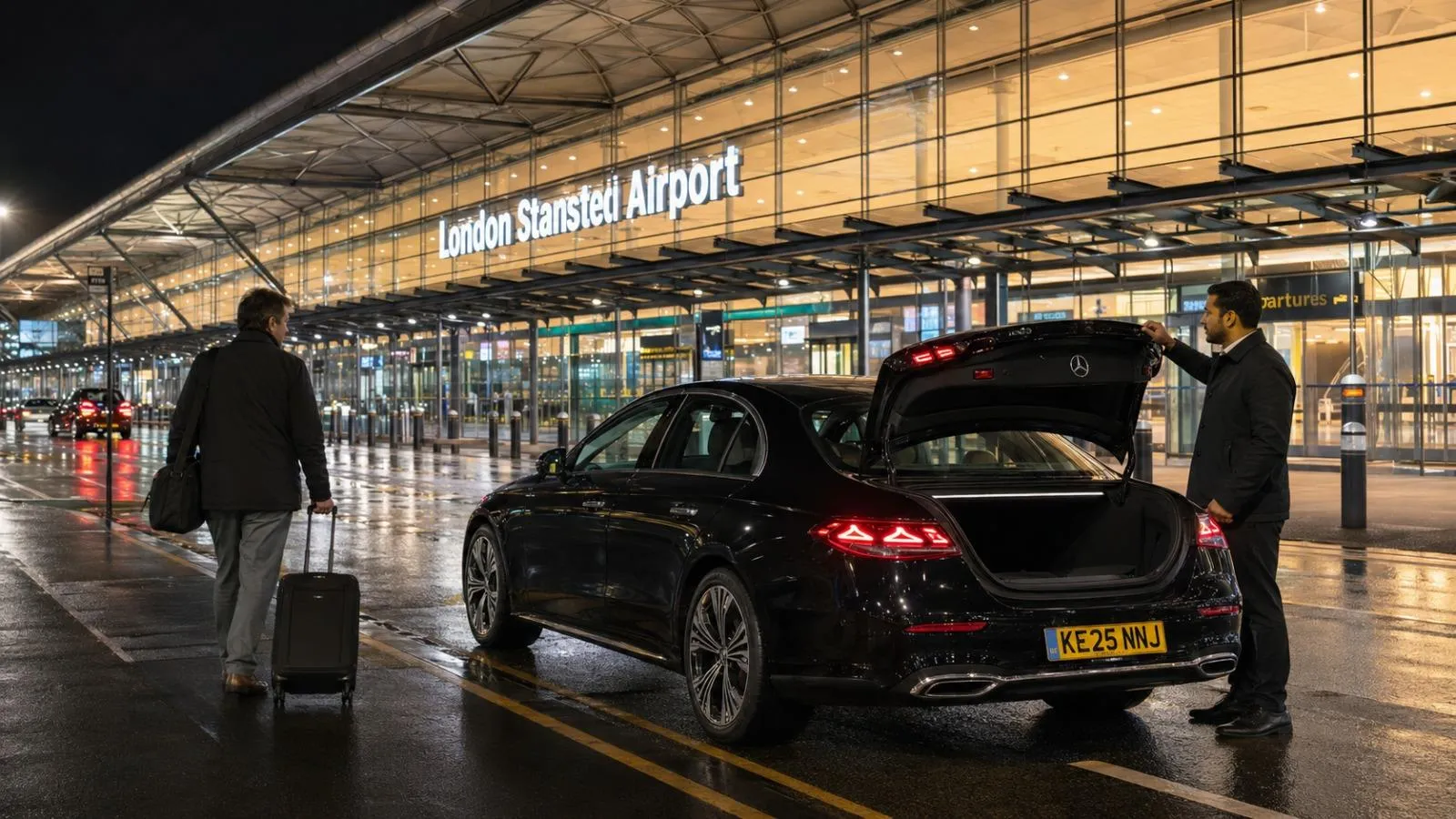 Private hire Mercedes at Stansted Airport terminal for passenger transfer