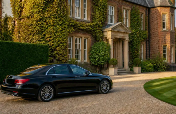 Luxury private hire car outside an elegant Surrey property, ready for a pre-booked private journey.